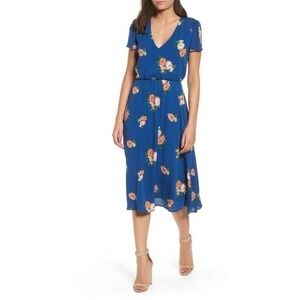WAYF Blouson Floral Midi Dress Blue Size M V-Neck Romantic Wedding USA‎ Made